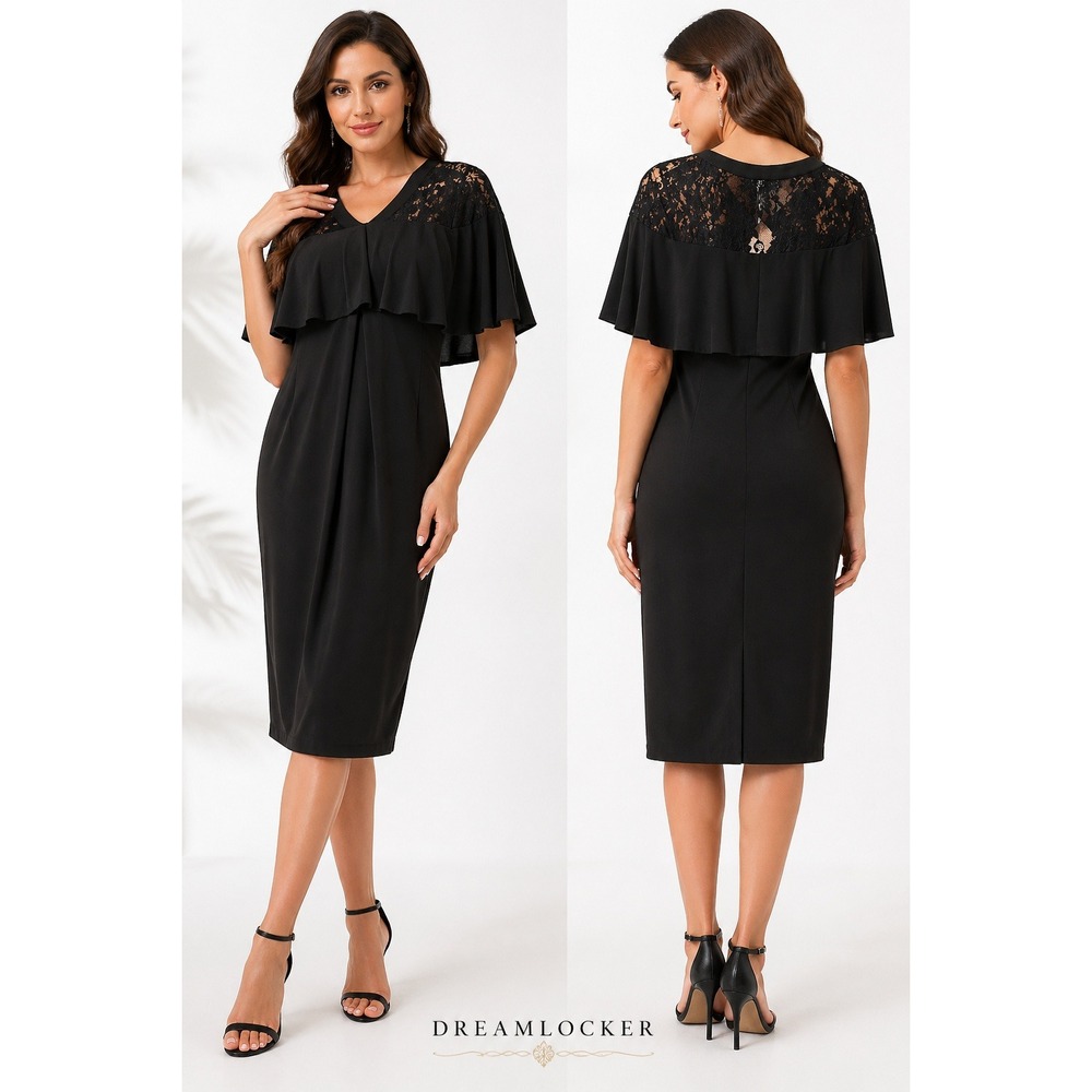 Grace Karin Black Lace Cape Dress Large V-Neck Midi Sheath Batwing‎ NWT